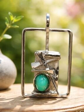 Handmade Natural Green Chrysoprase Unisex Pendant Sterling Silver 925